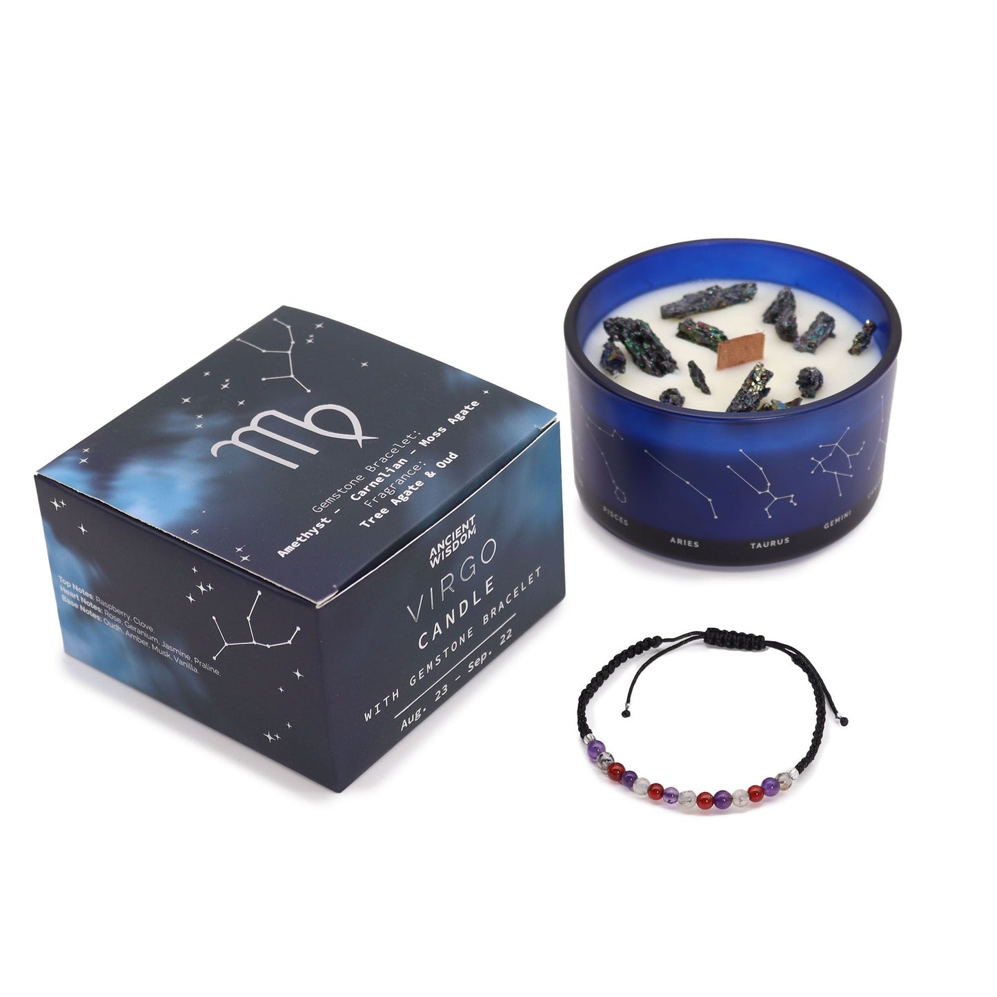 Virgo Zodiac Crystal Candle with Gemstone Bracelet | Star Sign Gift for Her
