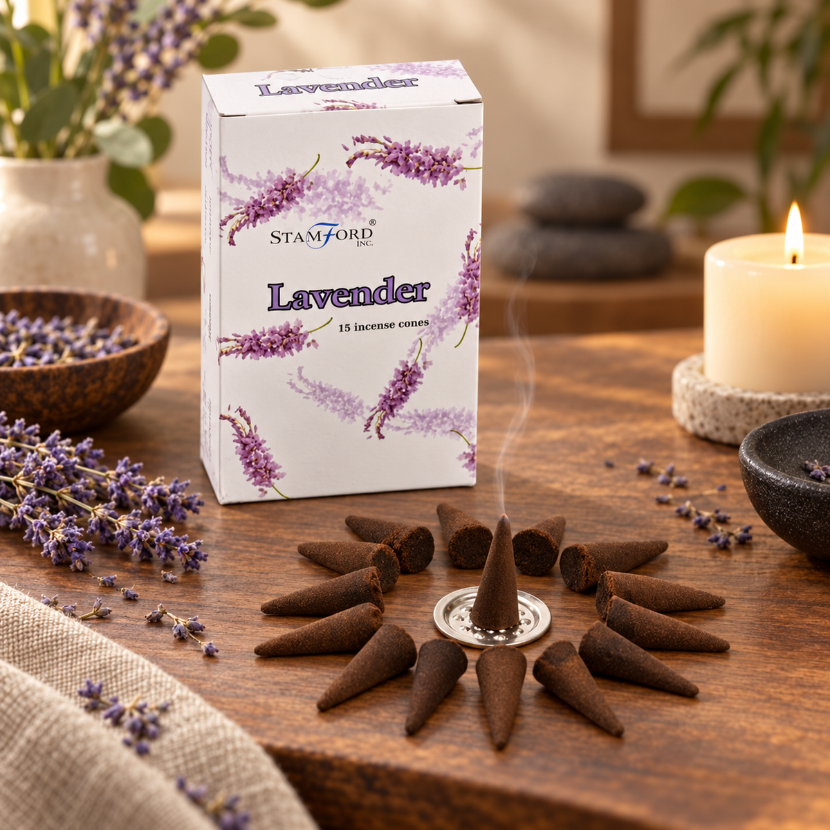 Lavender Incense Cones with Metal Holder | 15 Pack | Stamford Premium Aromatherapy Gift