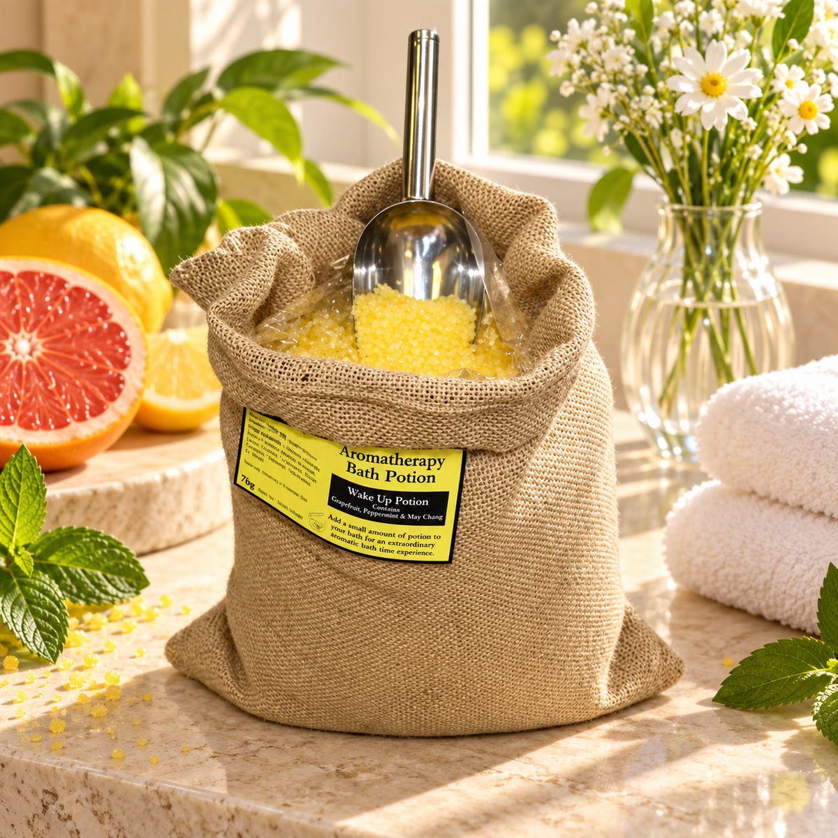 Wake Up Bath Potion | 7kg Hessian Sack | Energising Aromatherapy Bath Soak | Made in UK